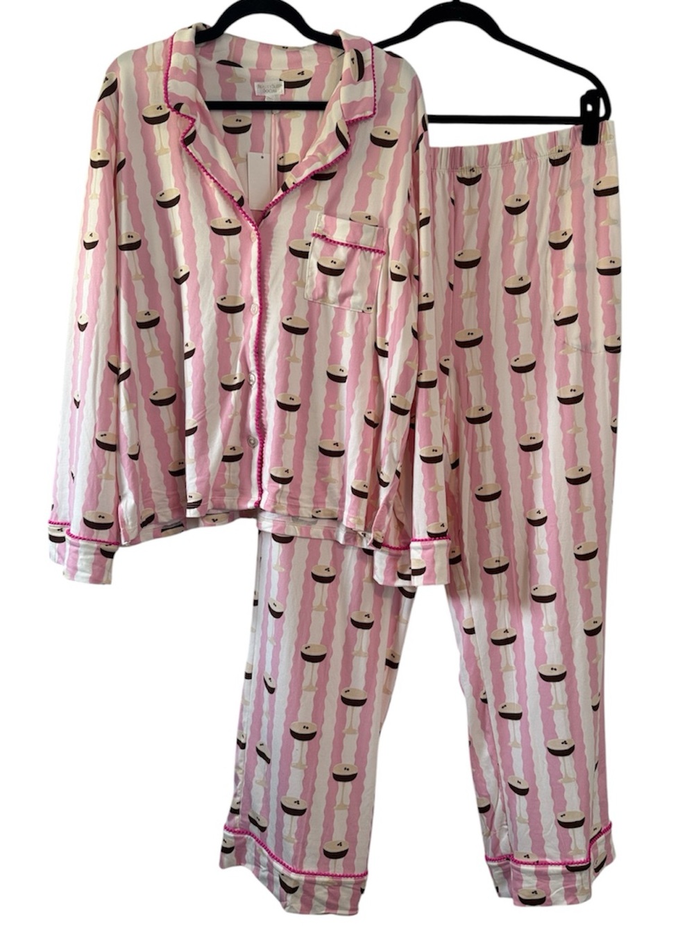 Beauty Sleep Social Pink and White Striped Espresso Martini Pajama Set NWT